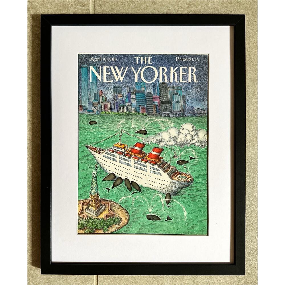 Framed 1990 New Yorker Magazine April 9 O'Brien Cruise Ship Whales NYC Harbor
